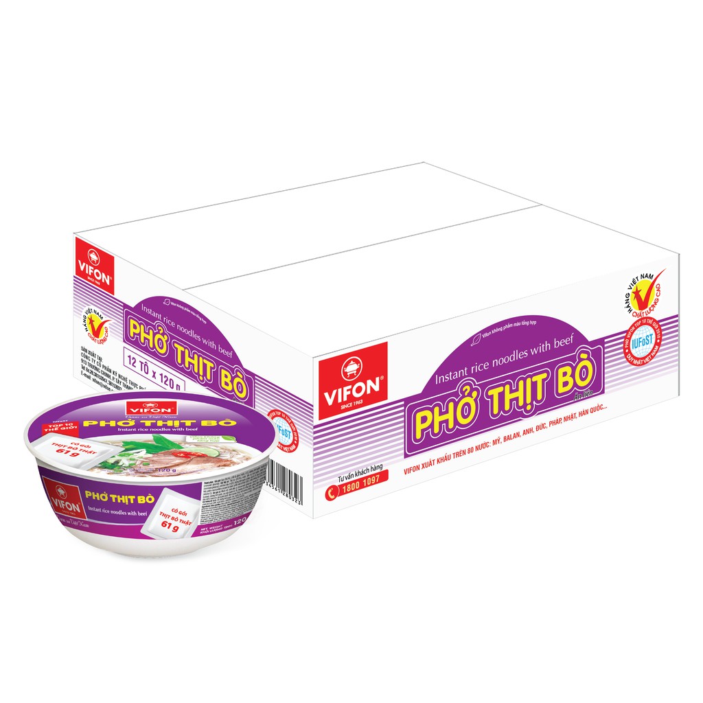 Thùng 12 Tô Phở Thịt Bò Có Thịt Thật VIFON 120g/Tô