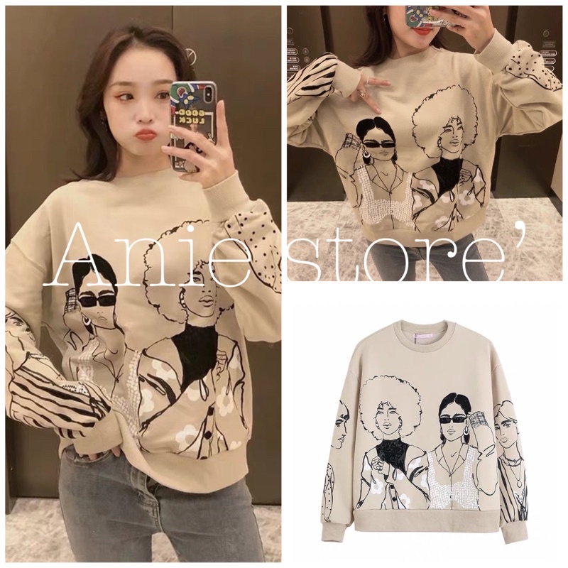 Áo Sweater Nỉ In Hình Cô Gái 🦋 Áo Thun Nữ Dài Tay Cổ Tròn 🦋