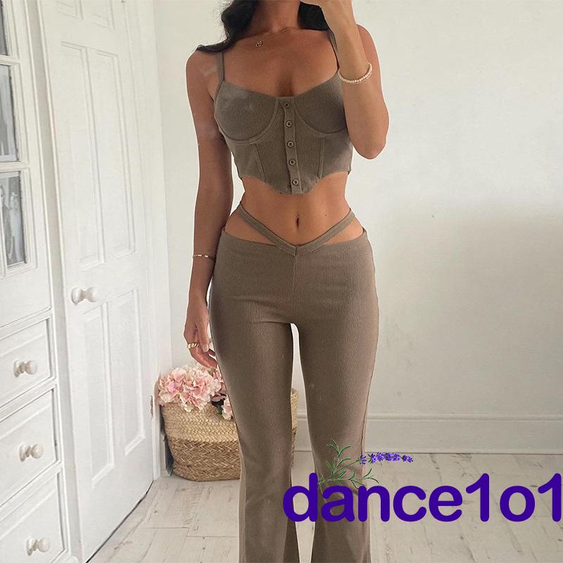 ☌KK✭Women Tanks Tops + Long Flared Pants, Hollow Waist Trim Skinny Fit Solid Color Summer Clothing