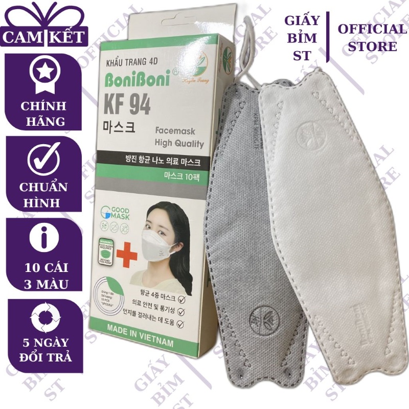 Khẩu trang 4 lớp 3D KF94 con cá Hàn Quốc chống bụi mịn và kháng khuẩn 10 cái/hộp màu trắng, màu xanh