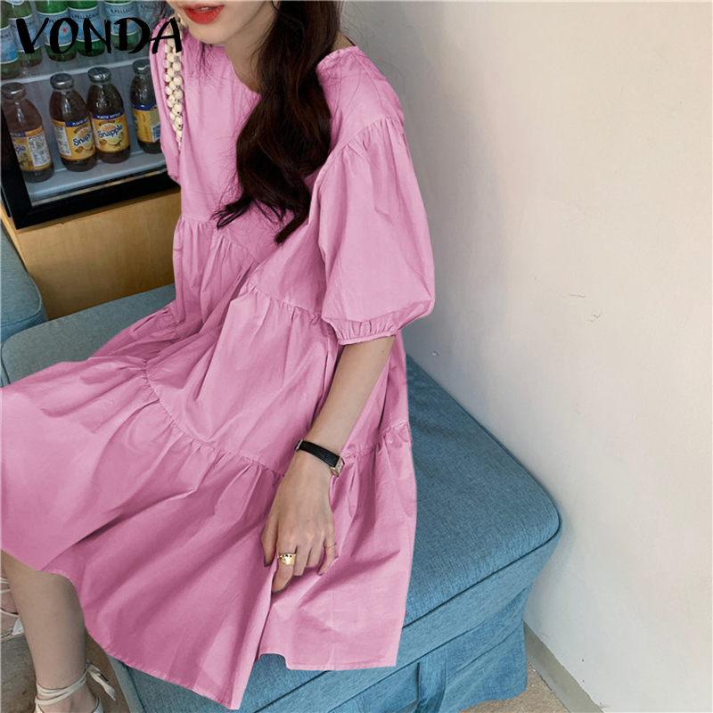 VONDA Women Casual Korean Short Sleeve Round Neck Loose Plain Pleated Short Dress