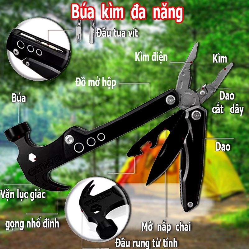 Búa kèm kìm dã ngoại đa năng 14 trong 1 kim loại không rỉ