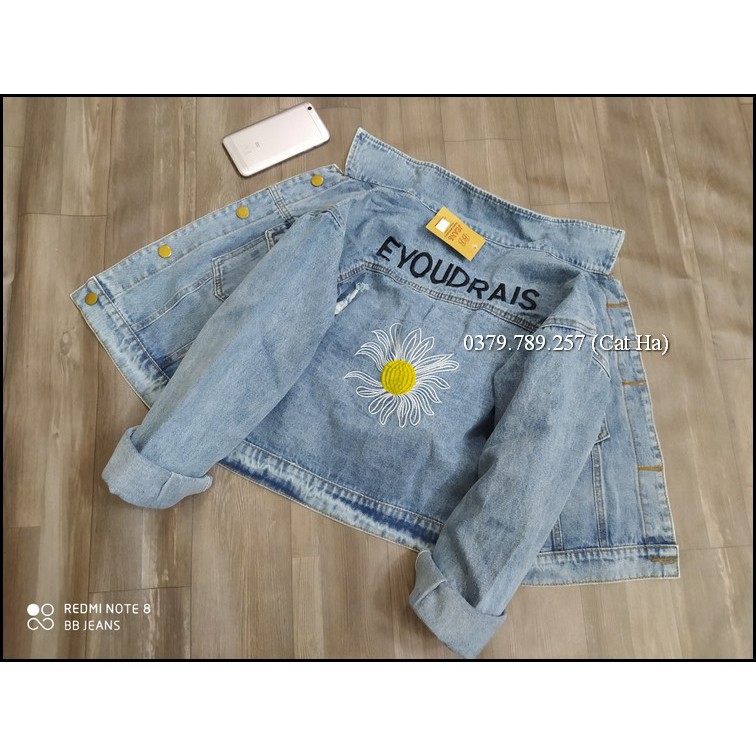 Aó khoác jean nữ xám xanh như hình form dưới 58Kg bông cúc đậm nhạt BB20