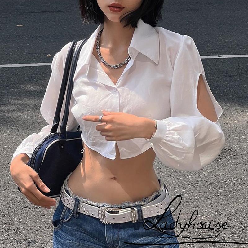 Áo Croptop Tay Dài Màu Trắng Thời Trang Xuân Thu Cho Nữ