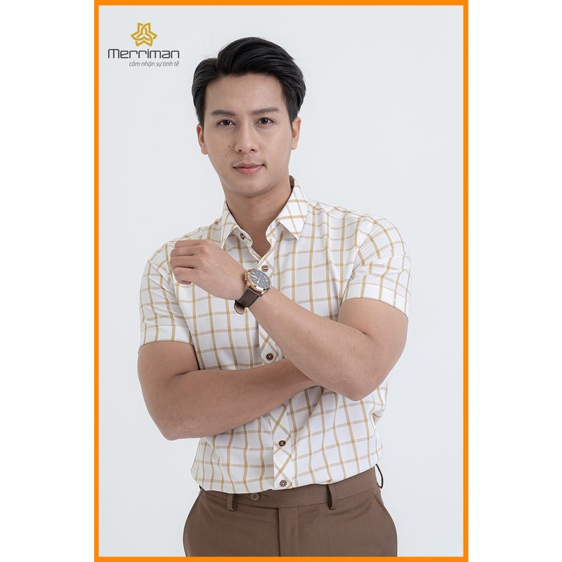 Áo sơ mi nam tay ngắn thoáng mát, họa tiết Caro THMOS389 Merriman sợi tre