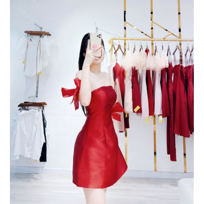 [Corn9] ĐẦM TRẮNG TRỄ VAI CÚP NGỰC TAY VOAN NƠ