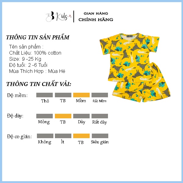 BB Kids Bộ Cotton Ngắn Tay Màu Vàng Cho Bé Trai