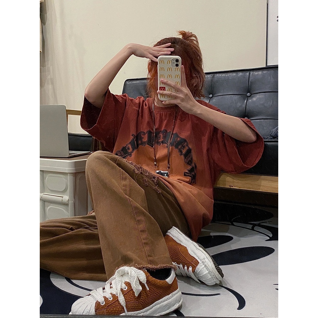 Áo phông nữ rộng cổ điển mỹ oversize dốc hợp thời trang áo phông unisex
