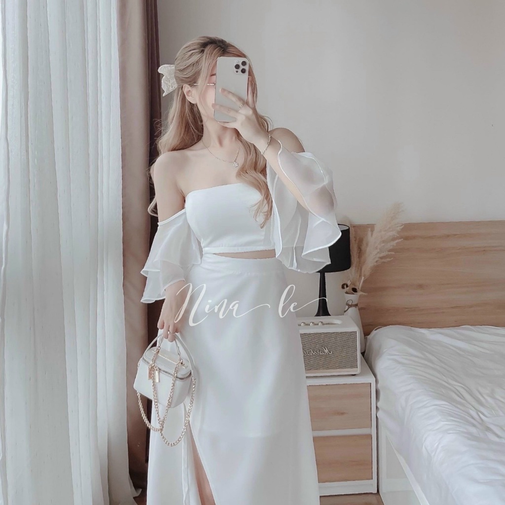 Đầm nữ trễ vai tay bèo phối voan  kèm chân váy xẻ đùi siêu xinh