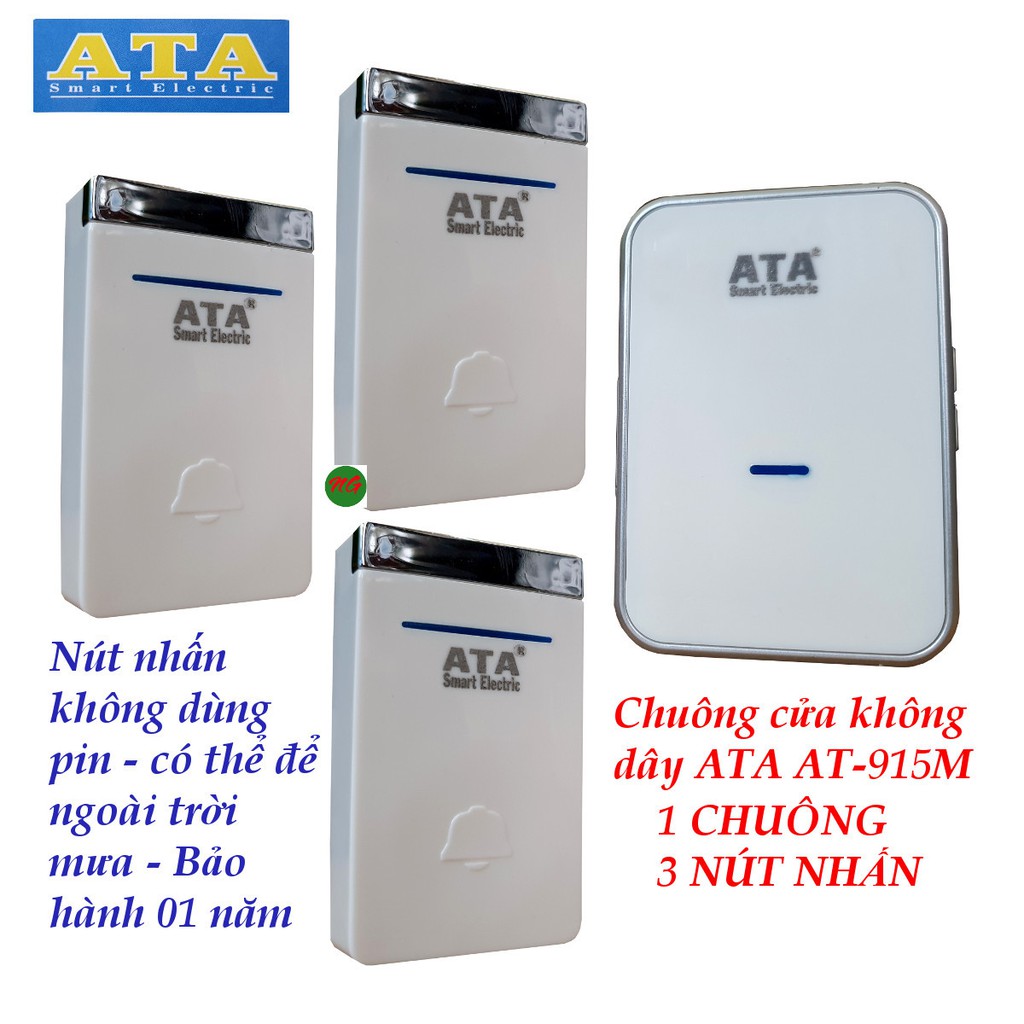 Bộ chuông cửa không dây có 2 hoặc 3 NÚT NHẤN không dùng pin nên chống nước có thể để ngoài trời  ATA AT-915M