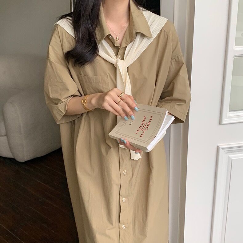 Đầm Sơ Mi Tay Ngắn Giả Hai Lớp Thời Trang Mùa Hè Dành Cho Nữ