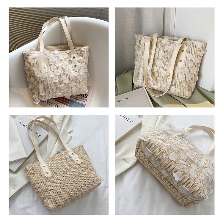Túi Cói Đeo Vai Phối Ren Kiểu Pháp Thời Trang Mùa Hè Cho Nữ