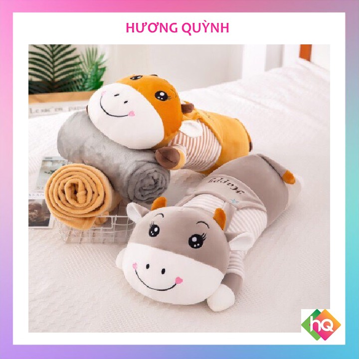 (HQ) Bộ chăn gối văn phòng Bò mặc áo đáng yêu. Gấu bông đẹp cho bé