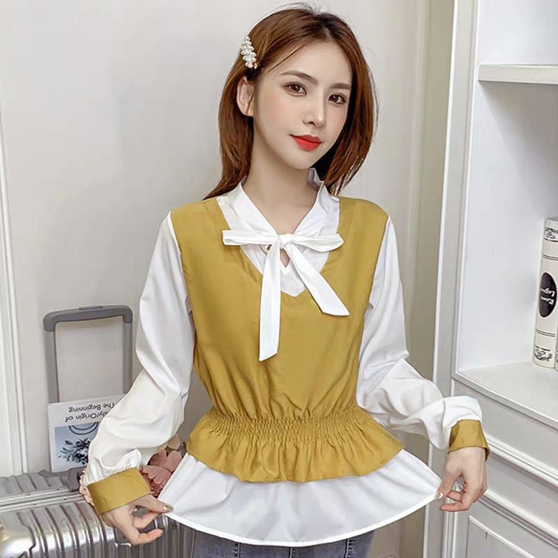 Áo Len Pha Sơ Mi Trắng, Bo Chun Eo, Cổ Thắt Nơ Xinh Xắn