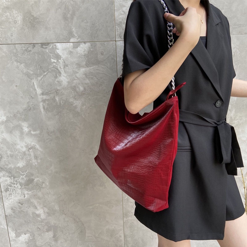 IELGY Túi Đeo Vai Da Mềm Cỡ Lớn Phối Dây Xích Kiểu Hàn Quốc Cho Nữ