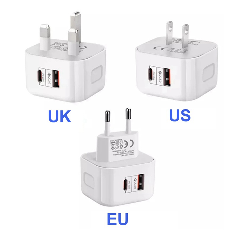Củ Sạc Nhanh 2 Cổng QC3.0 Type C PD 20W PD Cổng USB-C Tiện Dụng Khi Đi Du Lịch