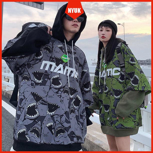 Áo Hoodie Tay Dài Giả Hai Lớp In Họa Tiết Cá Mập Phong Cách Hip Hop Thời Trang Năng Động