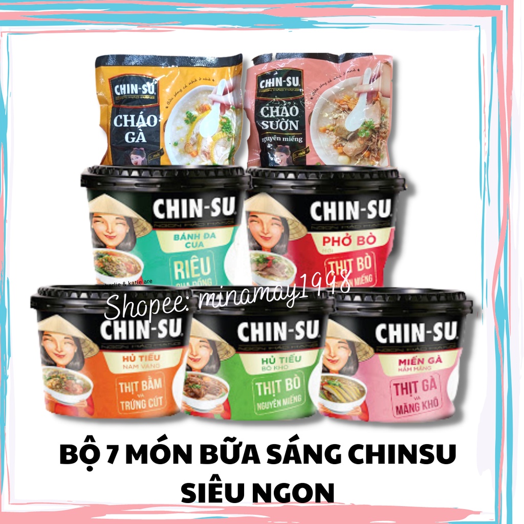 Bộ 7 món bữa sáng Chinsu (đủ 7 vị: bánh đa cua, hủ tiếu nam vang, miến gà, hủ tiếu bò kho, phở bò, cháo gà, cháo sườn)