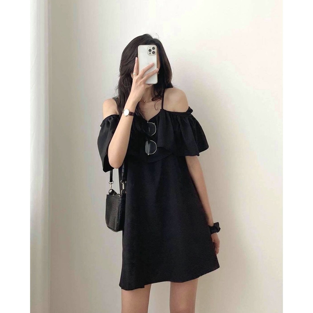 Váy 2 Dây Trễ Vai Rủ PEONYB Nữ [FREESHIP]  Đầm dự tiệc babydoll bánh bèo form rộng màu ĐEN | TRẮNG | XANH Ulzzang