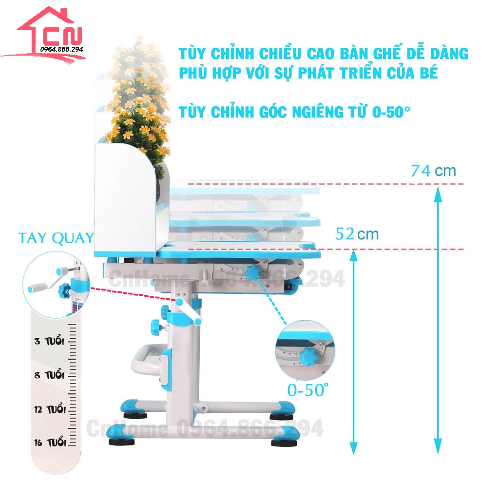 Bàn học chống gù chống cận thông minh cho bé A8 CnHome 🎁𝑭𝑹𝑬𝑬𝑺𝑯𝑰𝑷🎁TẶNG ĐÈN HỌC, ĐỆM NGỒI,CHỐNG CẰM VÀ KẸP GIỮ SÁCH🎁