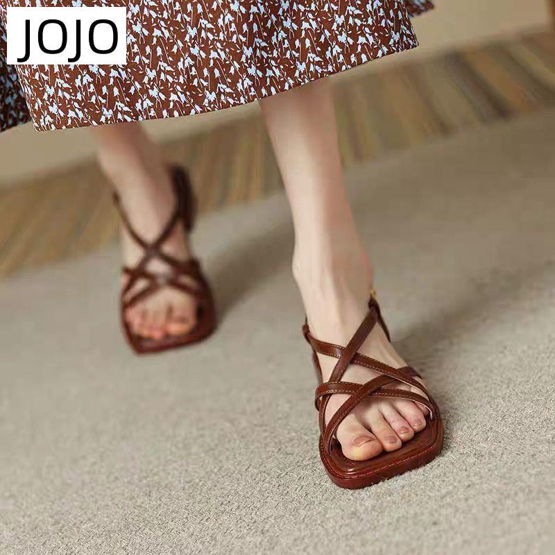 Giày Sandal Gót Dày Hở Ngón Quai Da Mềm Màu Nâu Phong Cách Retro Pháp Thời Trang Mùa Hè Cho Nữ