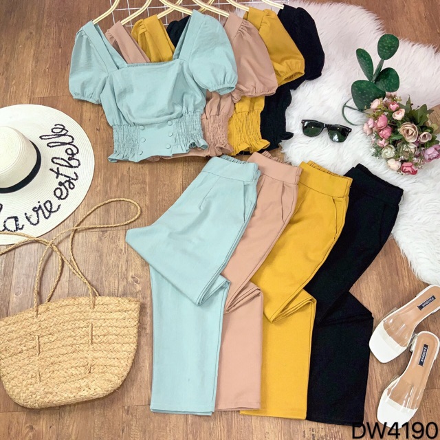 Set trang phục áo Croptop màu trơn cổ vuông bo thun ngắn tay nút bọc và quần baggy suông dài trơn có túi