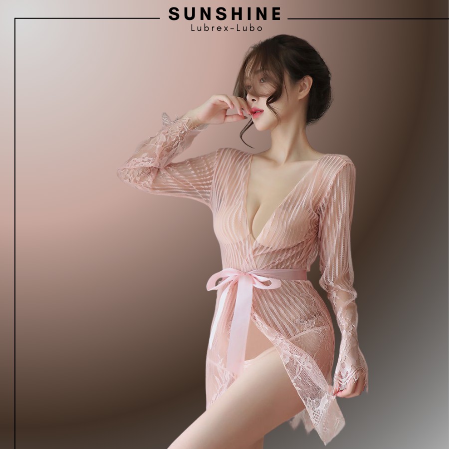 Áo choàng kimono Voan mỏng phối ren cao cấp kẻ sọc màu HỒNG SUNSHINE LUBREX-LUBO -SOC1066