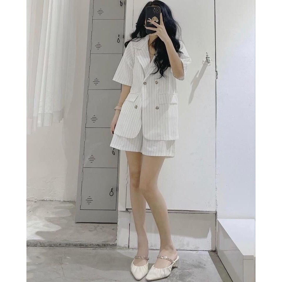 Set vest blazer cộc tay kèm quần sooc kẻ sọc - Bộ áo vest kẻ sọc tay lỡ mix quần đùi