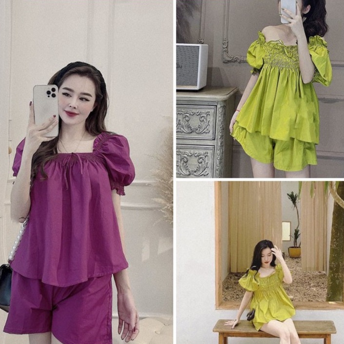 Set Áo Rúm Ngực Tay Bồng Vàng Chanh Mix Quần Sooc