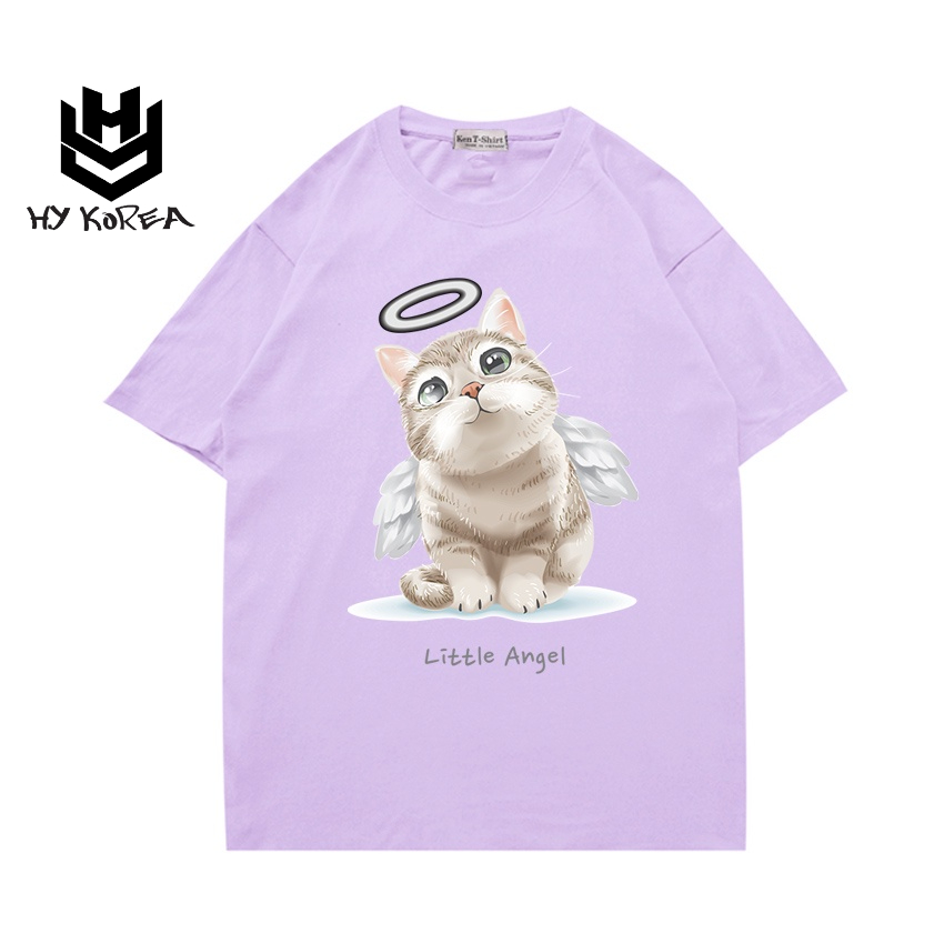 Áo thun nữ cute tay ngắn HY KOREA Vải cotton 75 dày form rộng in hình Mèo Angel 507