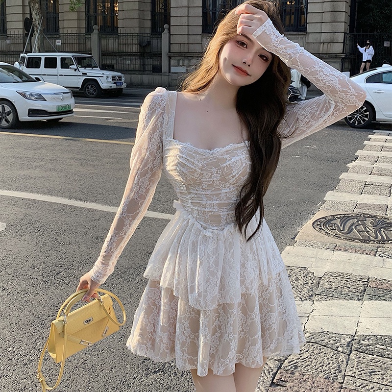 (ORDER) Váy ren dài tay cổ vuông thon eo xòe ngắn 2 tầng kiểu Pháp tiểu thư sang chảnh vintage