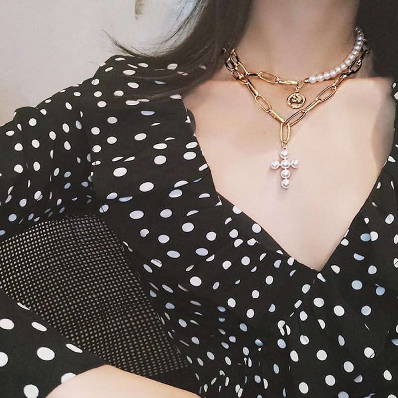 Dây Chuyền Nhiều Lớp Đính Hạt Ngọc Trai Giả