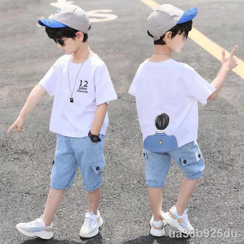 ❦[Áo phông + quần denim 95% cotton] Bộ đồ ngắn tay bé trai, hai mảnh mùa hè trẻ em, trai 11