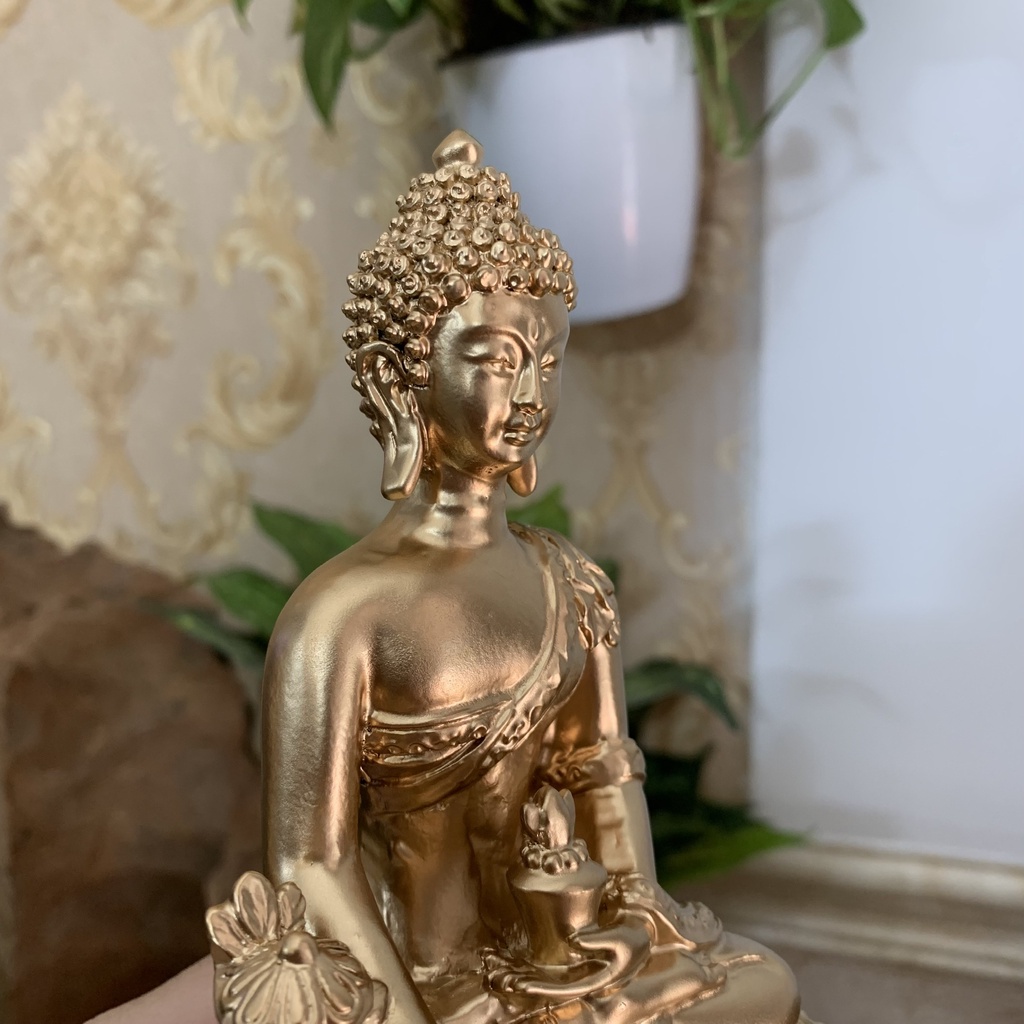 Tượng đá Phật Dược Sư Lưu Ly Quang ngồi trên đài sen trang trí phòng thờ- Chiều cao 16cm - Màu nhũ đồng