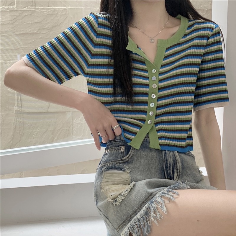 Áo cardigan ZHELIHANGFEI dệt kim tay ngắn kẻ sọc thiết kế trẻ trung cá tính cho nữ