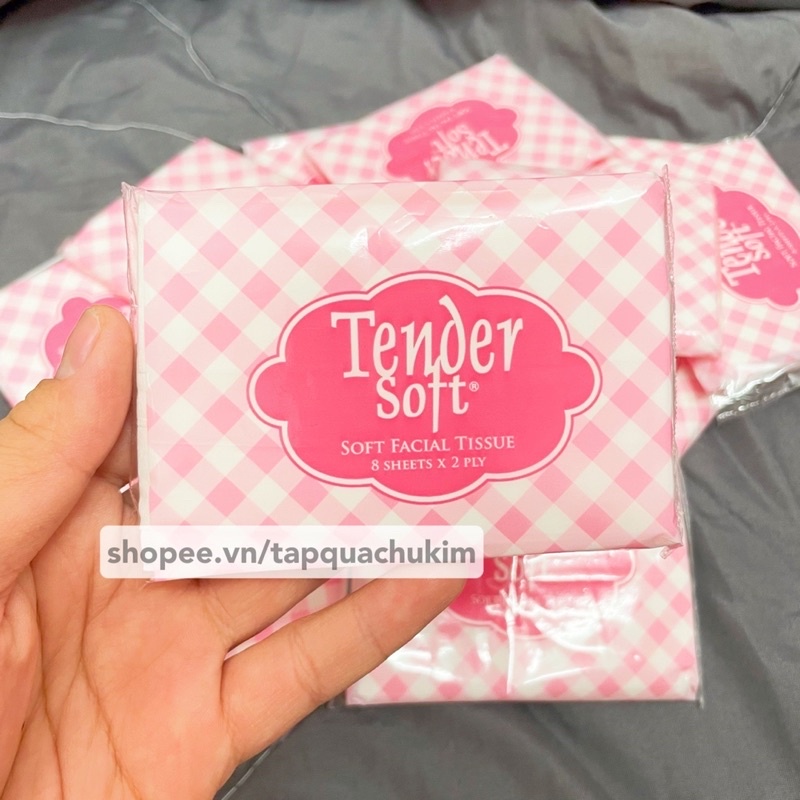 [LỐC 12 GÓI] Khăn giấy lụa mini TENDER SOFT bỏ túi 2 lớp caro hồng pastel Hàn Quốc - tapquachukim