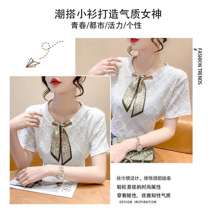 Áo Thun Tay Ngắn Phối Ren Thắt Nơ Thời Trang Mùa Hè 2023 Phong Cách Mới Cho Nữ