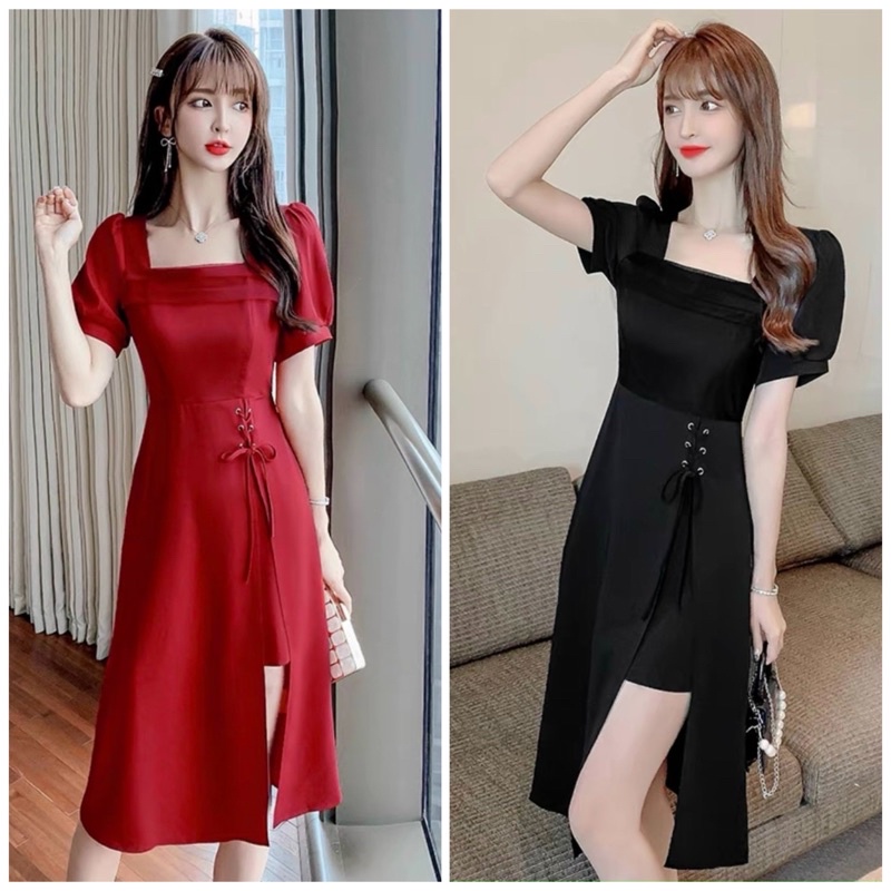 Đầm cổ vuông tùng đan dây 2 màu (kèm hình thật)