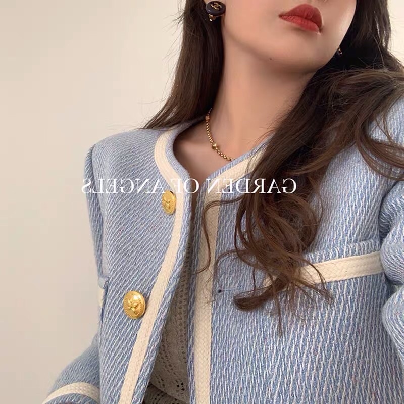 Áo khoác dạ Tweed xanh  viền trắng loại 1