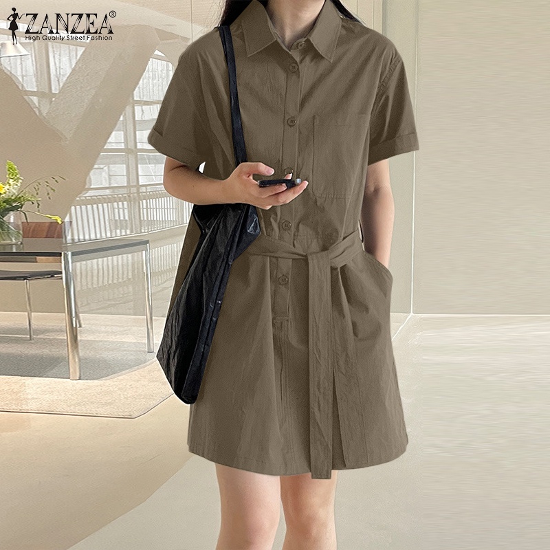 Zanzea Đầm Mini Ngắn Tay Phối Thắt Lưng Tháo Rời Được Phong Cách Công Sở Thời Trang Thường Ngày Cho