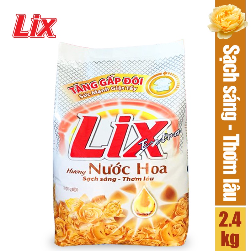 Bột giặt Lix Extra hương nước hoa 2,4Kg EH030 tăng gấp đôi sức mạnh giúp quần áo sạch thơm lâu cho giặt tay và máy