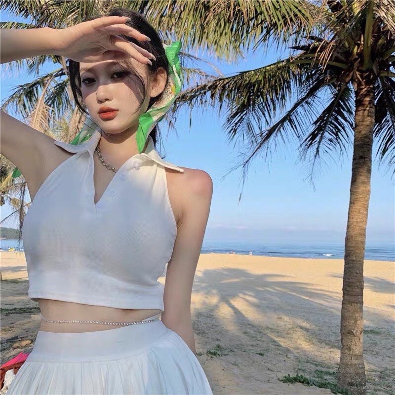Áo croptop cổ polo cài cúc đen trắng sát nách hở lưng sexy freesize hàn quốc | BigBuy360 - bigbuy360.vn