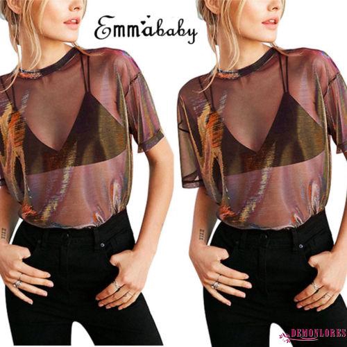 Áo Croptop tay ngắn chất ren lưới xuyên thấu quyến rũ