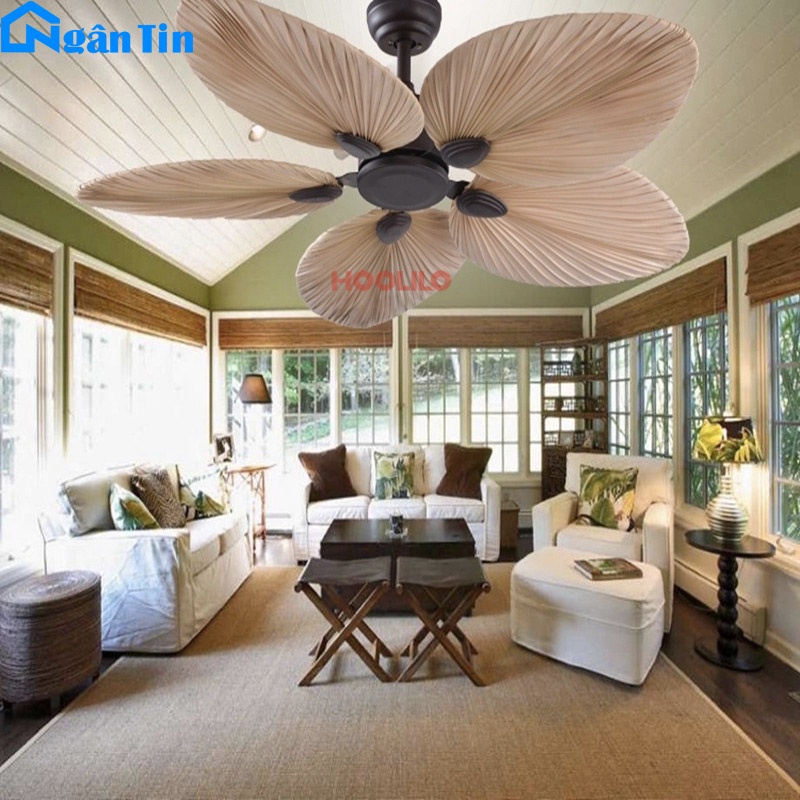 Quạt Trần 5 Cánh Hình Lá Cọ Trang Trí Sảnh Phòng Khách Cao Cấp QT5225 Ngân Tin