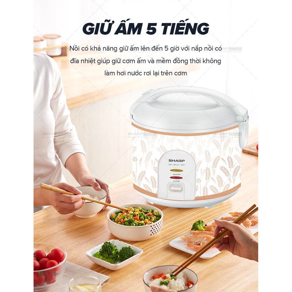 [Mã ELBAU10 giảm 10% đơn 500K]Nồi Cơm Điện Nắp Gài Sharp KS-18TJV &quot;GR&quot; 1.8 Lít [Lòng Nhôm Chống Dính] BH 12 Tháng