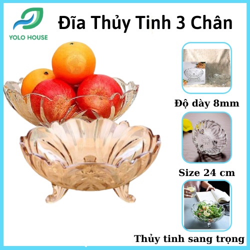 Đĩa đựng hoa quả 3 chân thủy tinh, đựng mứt, bánh kẹo tết size 24cm