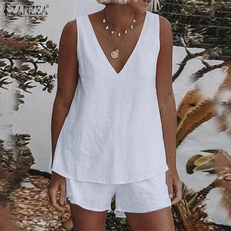 Bộ đồ nữ ZANZEA với áo blouse không tay cổ V và quần short co giãn màu trơn thời trang