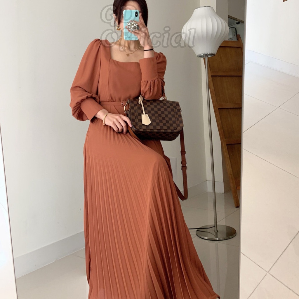 D46|Đầm nữ cổ vuông kèm thắt lưng tay phồng dáng dài nếp gấp chất lụa satin thanh lịch màu đen, cam GD Official