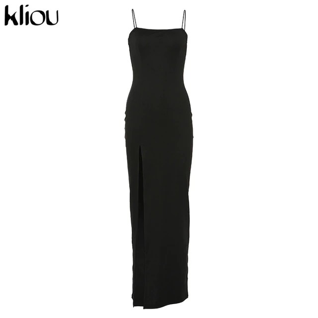 Kliou Sleeveless Slit Sexy Maxi Long Dress Autumn Winter Women Fashion Party Elegant Outfits Bodycon Black Pure Clothing | BigBuy360 - bigbuy360.vn