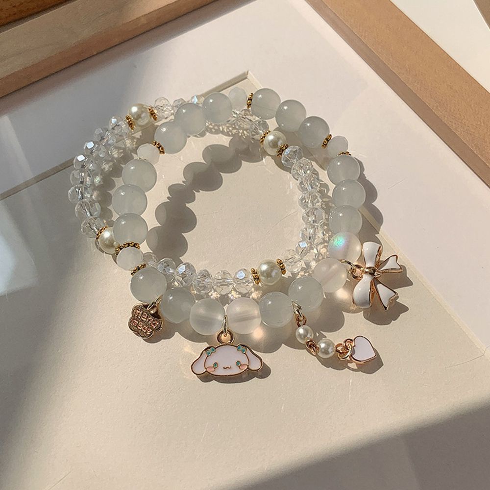 Vòng tay xỏ hạt tròn mặt hoạt hình đính nơ có thể điều chỉnh phong cách Hàn Quốc đơn giản độc đáo dành cho nữ